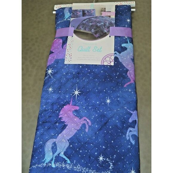 LITTLE DREAMERS KIDS UNICORNS Stars Purple REVERSIBLE TWIN QUILT SHAM SET $120 - Picture 2 of 5